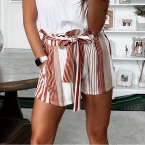 fab’rik Red/White/Taupe Striped Paperbag Tie Waist Shorts Size L
